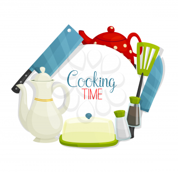 Kitchen utensil and cutlery, cooking items vector frame. Chef knives, teapots and spatula, salt and pepper shakers, butter dish with lid. Kitchenware and dishware