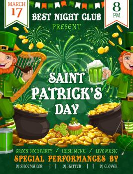 Patricks day invitation or announcement. Celebration of Irish spring holiday 17 march at disco club. Food and drinks, beer and cookies. Vector fireworks and leprechauns, treasures pots of gold