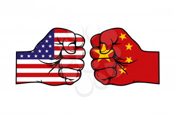 China and USA trade war, business and economics conflict. Vector chinese and american flags on clenched fists, hands in national colors of Peoples Republic of China and United States