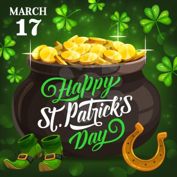 Patricks day, full pot of gold. Vector holiday invitation on 17 March. Green leprechauns shoes, golden harp musical instrument, shamrock three-leaves green clovers, Irish feast
