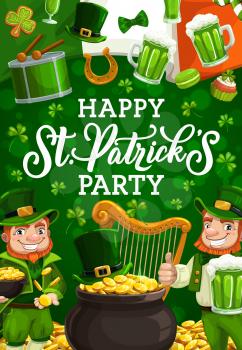 Happy St. Patricks day smiling leprechauns in green suits. Vector bearded gnomes, wealthy dwarfs drinking beer and celebrating Irish holiday. Drum and harp, flag of Ireland, lucky horseshoe