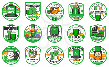 Patricks day holiday icons. Vector Saint Patrick with green beer, Irish flag and bagpipes, golden horseshoe and clover leaf, leprechaun with golden coins in cauldron and hat