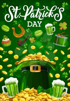 Patricks Day leprechaun gold coins in hat and luck shamrock clover leaf. Vector St Patrick party, Irish holiday celebration, green beer and golden horseshoe, smoking pipe and green cookies