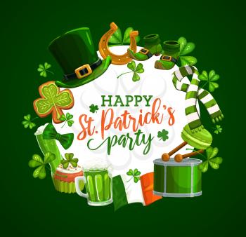 Saint Patricks day party celebration frame, Irish holiday shamrock lucky clover. Vector Patricks Day leprechaun hat and green beer pint mug, Ireland flag and gold coins in cauldron pot