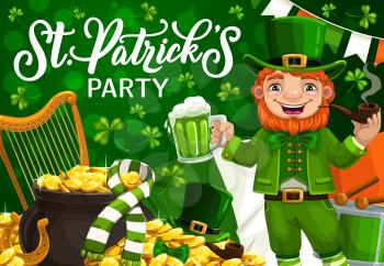 Leprechaun with St Patricks Day green shamrock, hat and pot of gold. Vector greeting of Irish holiday. Green ale beer, golden coins and horseshoe, lucky clover leaves, flag of Ireland and smoking pipe