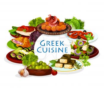 Greek cuisine meal. Vector greek salad with feta, vegetable and olives, meat pie, eggplant and cheese rolls, meatballs keftedes and squid rings in wine sauce. Mediterranean cuisine dishes, spice herbs