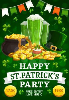 St. Patricks day vector leprechaun hat, beer glasses and pot of gold festive treasures. Golden horseshoe, coins and cupcake, garland in colors of Irish flag. Ireland holiday