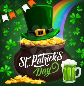 Patricks day leprechaun hat with golden buckle and gold coins pot. Irish traditional holiday, Patricks Day celebration flags and green ale beer mug, shamrock clover and rainbow