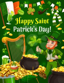 Leprechaun with shamrock clover and gold coins, Happy Saint Patricks day. Irish holiday, Ireland flag with bagpipes, drum and green ale beer mug, scarf and golden harp