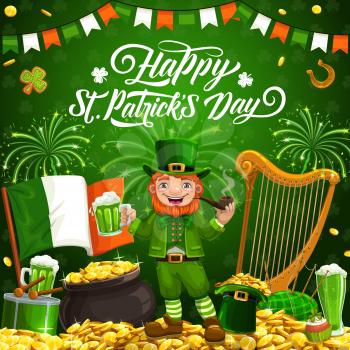 Happy Patricks day smiling leprechaun in green suit drinking a beer and smoking pipe. Vector harp and Irish flag, horseshoe, hat of golden coins, drum and fireworks, bagpipe and cookies