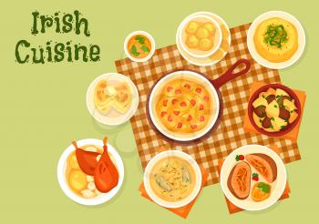 Irish cuisine dishes, vector. Fish, meat and vegetables. Potato pancake farls and cookies, fish soup, beef roll and cabbage ham casserole, lamb stew and baked rabbit