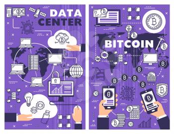 Data center and bitcoin vector design of cryptocurrency and cloud database technologies. Computers, hosting server rack and blockchain, information storage and digital money exchange calculator poster