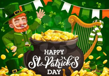 Leprechaun with pot of gold vector greeting card of Patricks Day Irish holiday design. Green leaves of shamrock or clover, golden coins and horseshoe, bunting in colors of Ireland flag, hat, shoes