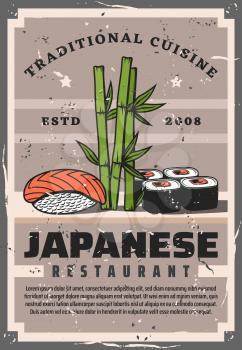 Japanese sushi rolls and fish nigiri vector design of Asian food with rice, salmon and tuna, seaweed nori and avocado retro poster with bamboo sprouts. Asian seafood restaurant and sushi bar menu