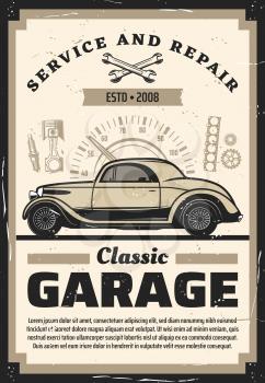 Retro car service and repair. Vector vintage automobile with spare parts, vehicle engine piston, spark plug, spanner and wrench, bearing, gasket, gear and speedometer. Mechanic garage
