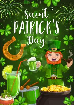 Irish Patrick day, traditional holiday party celebration. Vector Patricks Day lucky symbols, shamrock clover leaf, leprechaun drinking beer and smoking pipe with gold coins in cauldron