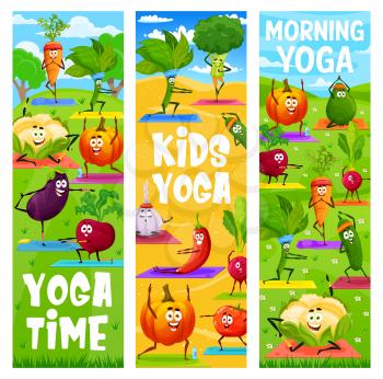Kids yoga and fitness, cartoon cute vegetables yoga or pilates, vector grass field. Vegetables and veggie characters in sport and healthy training, cauliflower and spinach, carrot and pumpkin