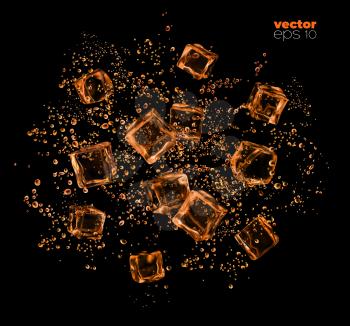Ice cubes and bubbles. Whiskey, rum, brandy, cognac and bourbon alcohol vector splash. Realistic 3d cola, cold tea or soda drink splashing with frozen ice cubes in motion, brown liquid explosion