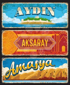 Aydin, Aksaray and Amasya provinces of Turkey, il vintage plates. Vector touristic Turkish landmarks aged travel destination signs. Retro grunge boards, antique worn signboards, banner or plaques set