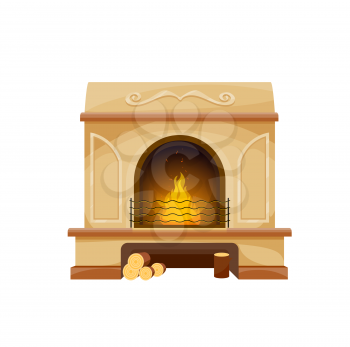 Modern interior fireplace with firewood, vector wood burning oven or hearth with fire flames, steel grate and wood logs, marble facing, frame, mantel. Cartoon element of living room or house interior