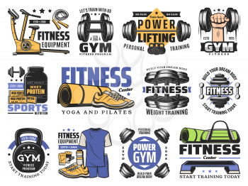 Sport equipment and fitness tool vector icons of gym and health club design. Isolated dumbbell, kettlebell and weight exercise barbell, athletic sneakers, jump rope and bike, mat and step board
