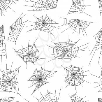 Halloween holiday cobweb and spiderweb net seamless pattern. Vector black spider webs on white background. Spooky design for wallpaper, textile or greeting cards. Decorative ornament with insect traps