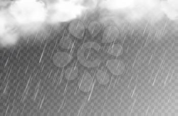 Rain water drops and clouds on transparent background, vector falling raindrops or rainy weather pattern. Rain and storm sky, realistic cloudy effect of rainfall shower and white fog with wind