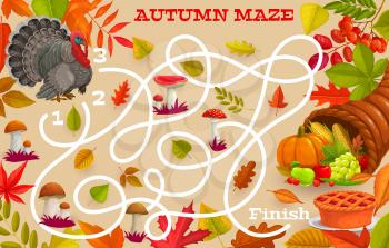 Thanksgiving labyrinth maze game with vector cornucopia, turkey, autumn leaves, pie and mushrooms. Start to finish kids puzzle game or find right way riddle with map, educational worksheet template