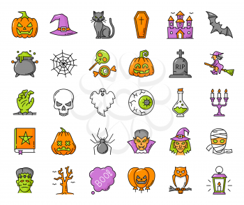 Halloween outline ghost, pumpkin, zombie and witch, spider web and owl scary character vector icons. Horror holiday skull, bat, black cat, trick or treat candy, candle, grave and vampire isolated sign