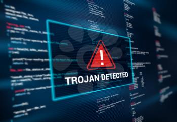 Trojan detected warning alert message on computer screen. Hacking attack, spyware and malware software vector background, backdrop with program code line and red warning sign on computer screen