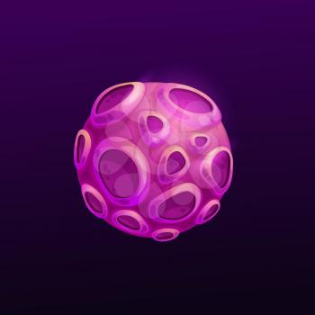Pink cartoon alien fiction world, uninhabitable planet with craters holes. Vector outer space globe, violet habitable planet. Sphere, ui game design element interface object, glossy exoplanet