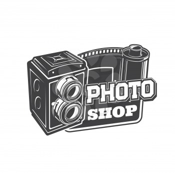 Photo camera shop icon. Photography studio or atelier, vintage photo equipment store monochrome vector emblem or icon with classic old medium format waist-level viewfinder camera and film roll