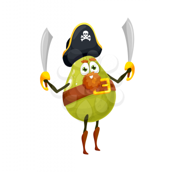 Pear or green tropical guava fruit pirate or buccaneer isolated funny cartoon characters. Vector playful corsair with two swords, in eye patch and hat with jolly roger, bearded juicy guavas kids emoji