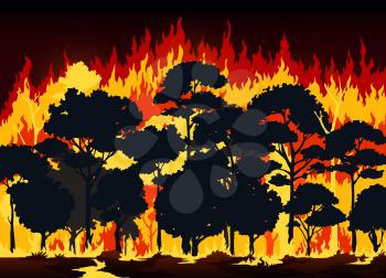 Wall of wildfire in forest, burning trees and ground in destructive fire disaster, vector background. Trees, grass and bushes burning in fire flames, natural disaster and ecology catastrophe
