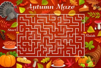 Autumn labyrinth, vector maze game with Thanksgiving turkey and cornucopia, autumn leaves and harvest holiday pie. Kids education worksheet with square maze and frame border of red maple foliage