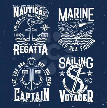 Tshirt prints with anchors and squid, regatta sea cruise vector emblems with ocean waves and typography on blue grunge background. Naval club team t shirt prints with armature, ocean marine journey