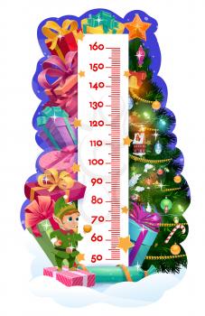Kids height chart, Christmas tree and gifts, vector growth measure meter or stadiometer. Wall sticker with ruler scale, Xmas tree, cute elf and presents, stars, bell, snowflakes and candy canes
