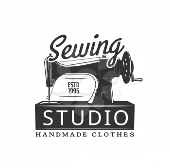 Sewing machine icon, tailor shop or dressmaker atelier studio vector emblem. Vintage retro sewing machine with thread and spool, handmade clothes tailoring, seamstress and handicraft workshop