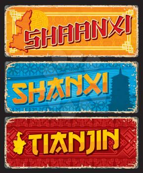 Shaanxi, Tianjin, Shanxi Chinesse provinces plates. China regions and territories vintage travel stickers, vector tin signs with provinces map silhouette, asian ornaments and Pagoda of Fogong Temple