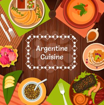 Argentine restaurant menu cover with vector Argentinian cuisine food. Barbecue meat asado with chorizo sausages and pork, empanada pies, yerba mate and vegetable soup, dulce de leche and ice cream