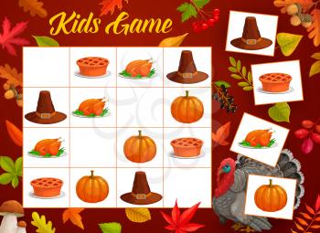 Thanksgiving sudoku, vector kids game with autumn leaves, pilgrim hat and pumpkin, pie and turkey. Block sudoku, logic puzzle game or children education maze on fallen leaves and acorns background
