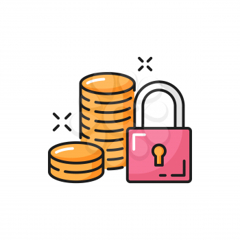 Finance icon and padlock, money security safe, golden coins color line icon. Vector cash money coins, income protection. Finances security, deposit savings and lock, financial insurance stability