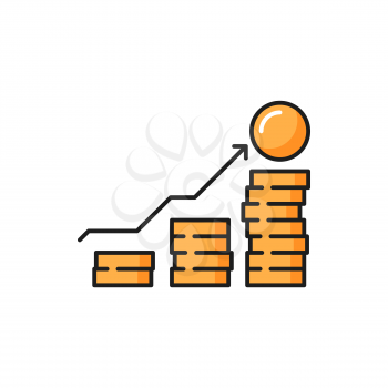 Coins stack with arrow up, money growth chart icon. Vector diagram statistics, price and salary growth, progress. Upward money growth, financial growing and economy improvement, golden coins stack