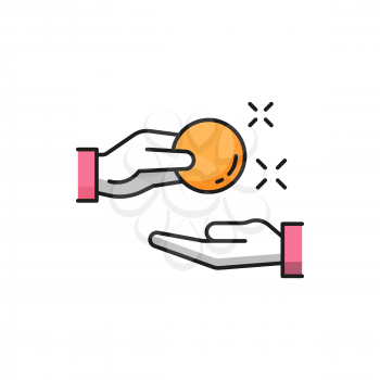 Receiving money icon, hand with coin make payment color line icon. Vector cashback or loan, reward or return coins, change, price off. Donation, funding, payday, bribe, pay for something, money refund