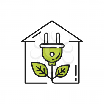 Green renewable energy in house, electric plug isolated line icon. Vector modern house, electric plug with leaves, eco energy. Home with plant plug shape, eco friendly building, outlet with leaf