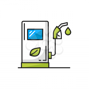 Fuel service station with eco friendly biodizel isolated color line icon. Vector charging station for electrical car, green drive color sign. Station service with biodizel fill. Eco friendly transport