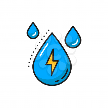 Rain drop and lighting bolt natural energy sources isolated color line icon. Vector weather forecast meteorology thunderstorm symbol. Rainy weather, eco friendly clean and green energy object