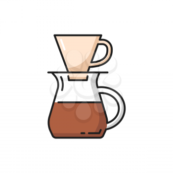 Coffee pot with filter, brewed aromatic drink isolated icon. Vector energetic beverage in pour-over coffee maker. Coffee pot with filter and handle, freshly brewed aromatic drink, alternative method