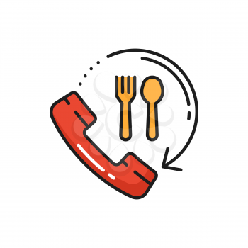 Food delivery icon. Fast online order and shipping isolated phone receiver, fork and spoon flat icon. Vector telephone receiver and kitchen utensils, web app symbol. Quick speed deliver services