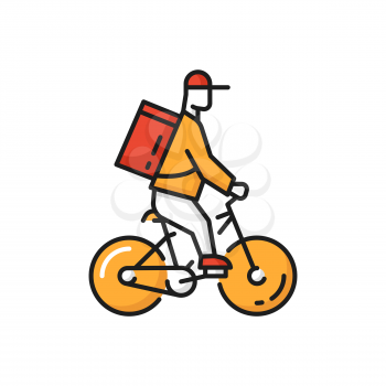 Online food delivery, courier on bicycle in cap isolated flat icon. Vector bicycle courier in cap and backpack package product box. Delivery staff, driver biker man. Shipping services and fast order